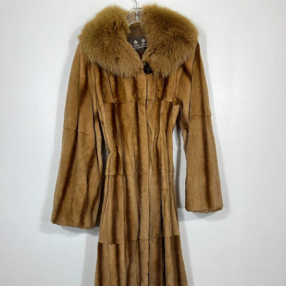 Elegant SHEARED MINK fur coat FOX collar brown light Medium 53" Length 1454